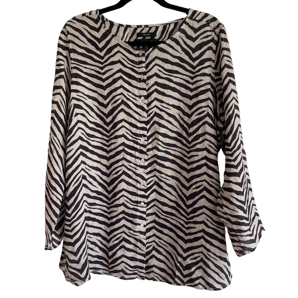 Tahari 100% Linen Animal Pattern Button Down Tunic Top, Size 1X